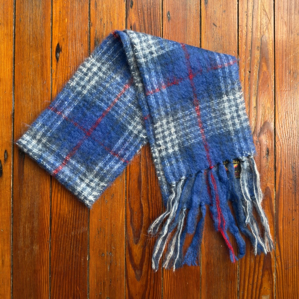 Vintage Creagaran Scottish mohair blue plaid scarf